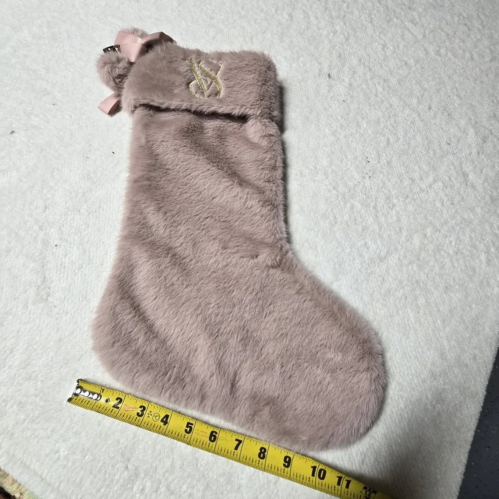 Victoria's Secret‎ Mauve Pink W/ Gold Trim Faux Fur Christmas Stocking New